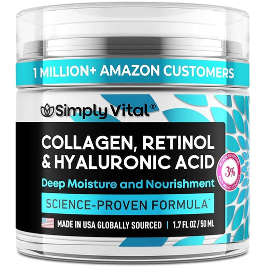 SimplyVital Collagen, Retinol & Hyaluronic Acid Cream - Anti-Aging Face Moisturizer for Face, Neck & Décolleté